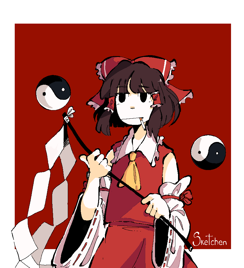 1girl, ascot, black_eyes, bow, brown_hair, gohei, hair_bow, hakurei_reimu