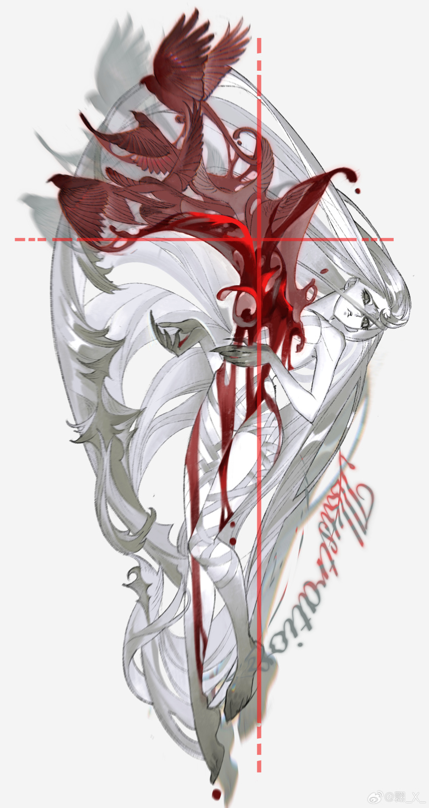 1girl, absurdres, barefoot, bird, blood, blood_on_clothes, blood_splatter, highres