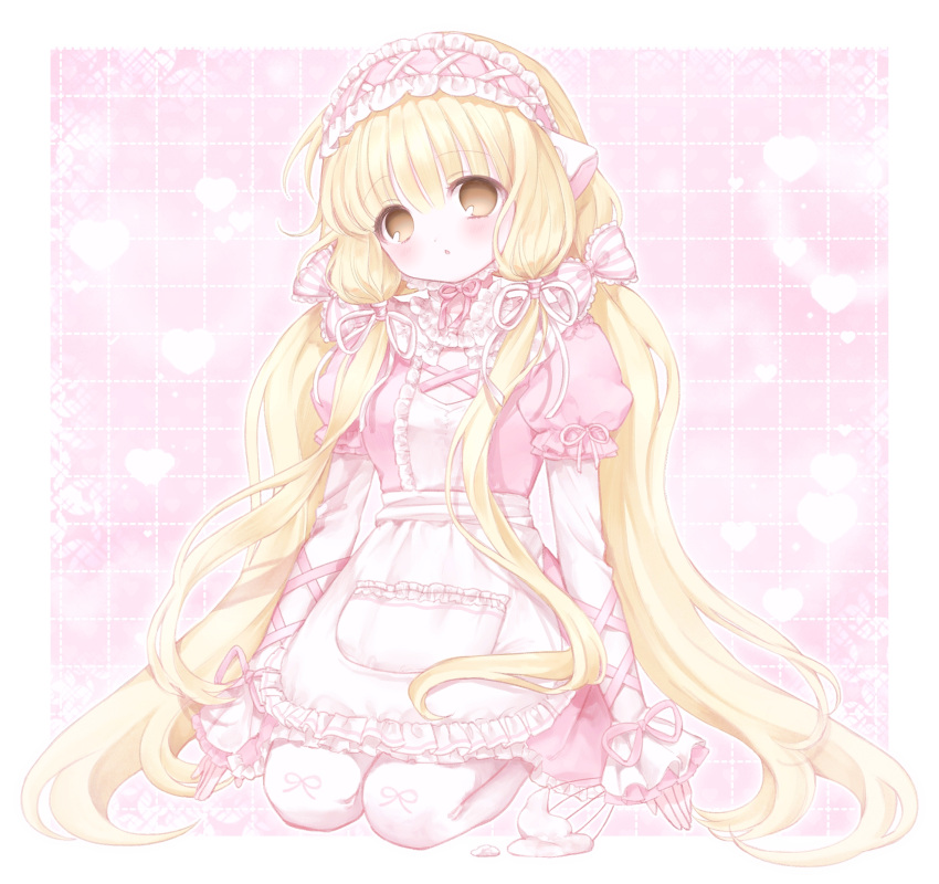 1girl, apron, arms_at_sides, blonde_hair, blunt_bangs, border, bow, breasts