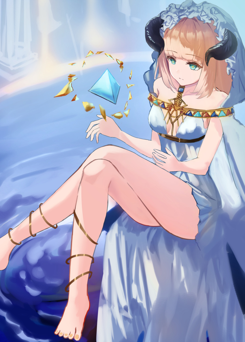 1girl, absurdres, arknights, barefoot, blonde_hair, breasts, closed_mouth, collarbone, crossed_legs, dress, green_eyes, highres, hiun64, horns, nightingale_(arknights), nightingale_(iakhu_of_flows)_(arknights), sitting, small_breasts, solo, white_dress, yellow_pupils