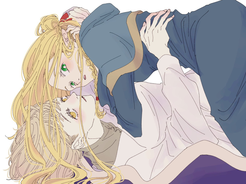 2girls, blonde_hair, blue_robe, bright_pupils, commentary, conniepkmn, dungeon_meshi, falin_touden