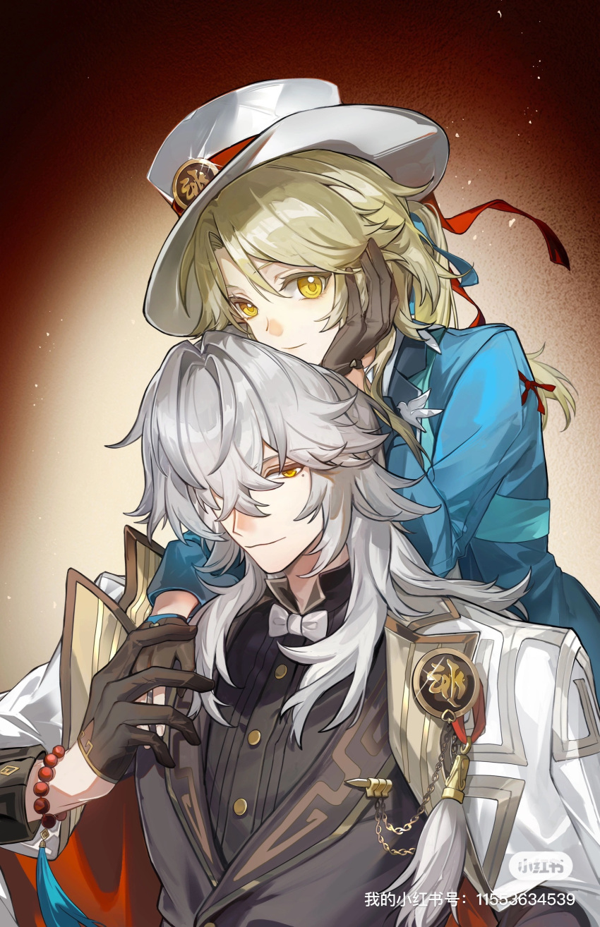 2boys, absurdres, arm_on_another's_shoulder, black_gloves, black_jacket, black_shirt, blonde_hair, blue_jacket