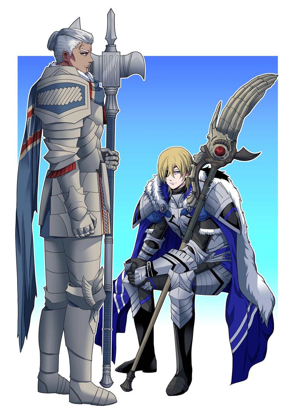2boys, areadbhar_(fire_emblem), armor, bags_under_eyes, black_fur, blonde_hair, blue_cape, blue_eyes