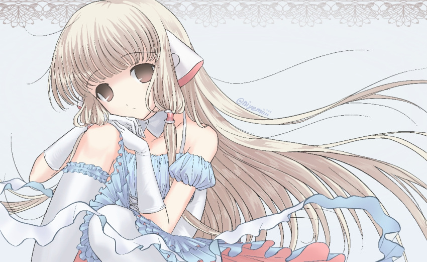 1girl, 2000s_(style), animal_ears, blonde_hair, blue_dress, blunt_bangs, brown_eyes, chii, chobits, commentary_request, detached_collar, dress, frilled_socks, frills, gloves, hair_tubes, lace, long_hair, looking_at_viewer, niyemiiii, persocom_(chobits), robot_ears, simple_background, socks, solo, very_long_hair, white_gloves, white_socks