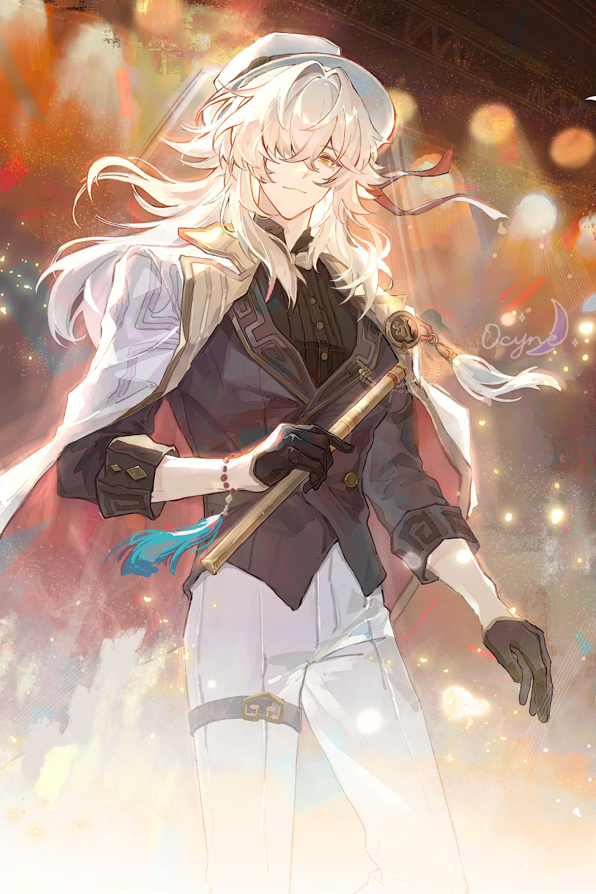 1boy, absurdres, artist_name, bead_bracelet, beads, black_gloves, black_shirt, black_vest, bow, bowtie, bracelet, buttons, chinese_commentary, collared_shirt, commentary_request, flute, gloves, grey_hair, hair_between_eyes, hair_intakes, hair_over_one_eye, hair_ribbon, half_gloves, hat, highres, holding, holding_flute, holding_instrument, honkai:_star_rail, honkai_(series), instrument, jacket, jacket_on_shoulders, jewelry, jing_yuan, jing_yuan_(star_rail_live_2025), lapels, long_hair, male_focus, official_alternate_costume, pants, ponytail, red_ribbon, ribbon, shirt, sleeves_rolled_up, solo, tassel, thigh_strap, vest, white_bow, white_bowtie, white_hat, white_jacket, white_pants, yuqiu777
