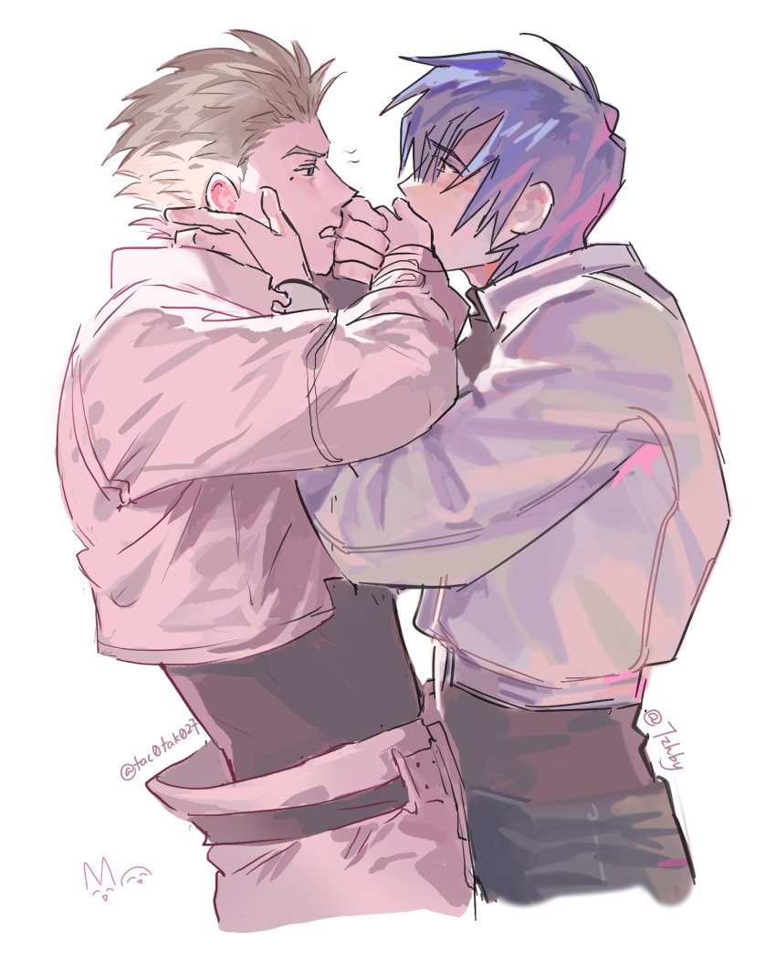 2boys, 7zhby, absurdres, artist_name, belt, black_pants, black_shirt, blonde_eyebrows, blue_hair, blush, colored_eyelashes, couple, cropped_jacket, eye_contact, eyes_visible_through_hair, from_side, hand_on_another's_face, highres, jacket, kiss, kissing_hand, legato_bluesummers, long_sleeves, looking_at_another, loose_pants, male_focus, millions_knives, multiple_boys, pale_color, pale_skin, pants, shirt, short_hair, signature, simple_background, spiky_hair, surprised, tacotako, trigun, trigun_maximum, turtleneck, twitter_username, upper_body, white_jacket, white_pants