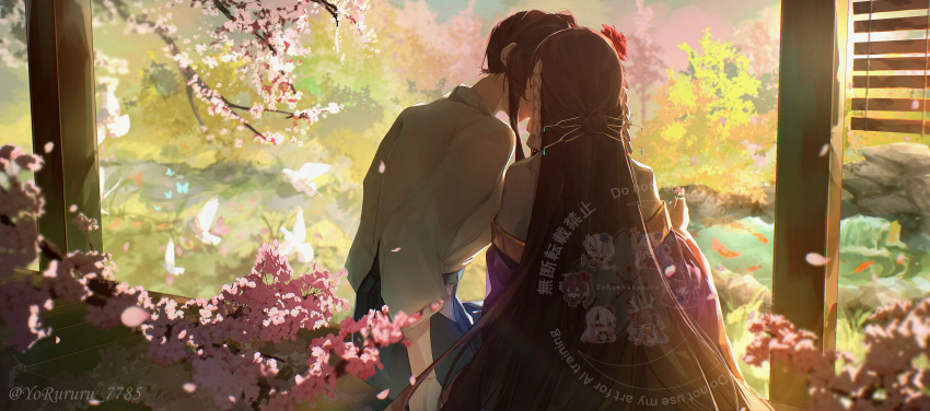 2girls, absurdres, bird, blue_skirt, brown_hair, chinese_commentary, commentary_request, counter:side