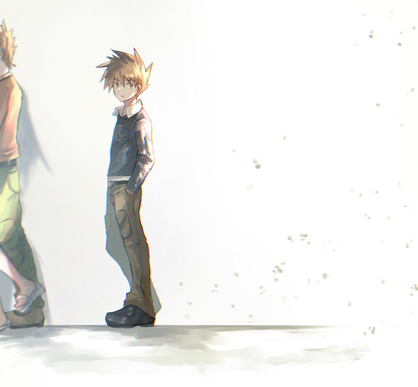 1girl, 2boys, absurdres, blue_oak, brock_(pokemon), brown_pants, collared_shirt, commentary