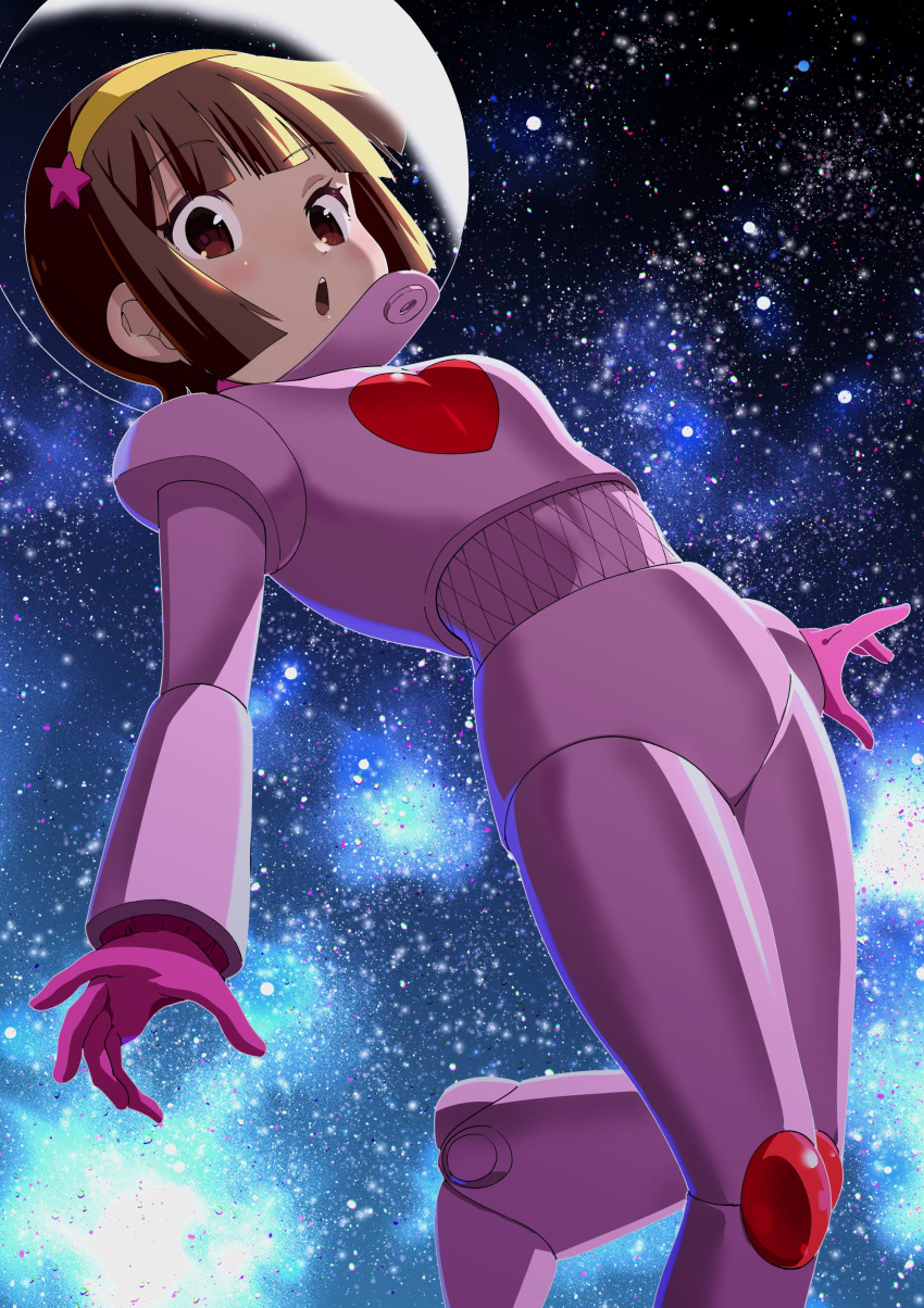 1girl, absurdres, breasts, brown_hair, gloves, hairband, highres, looking_at_viewer