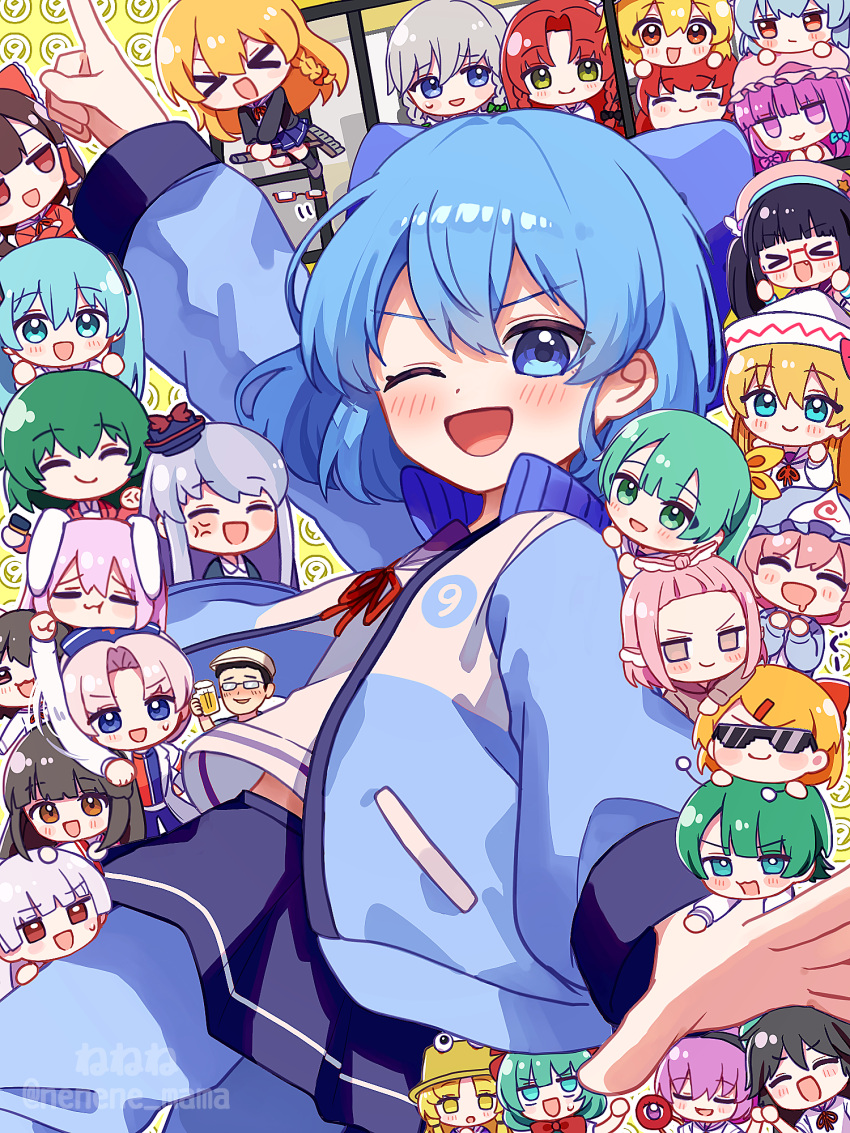 1boy, 6+girls, anger_vein, animal_ears, aqua_eyes, aqua_hair, beat_mario_(vtuber), black_hair