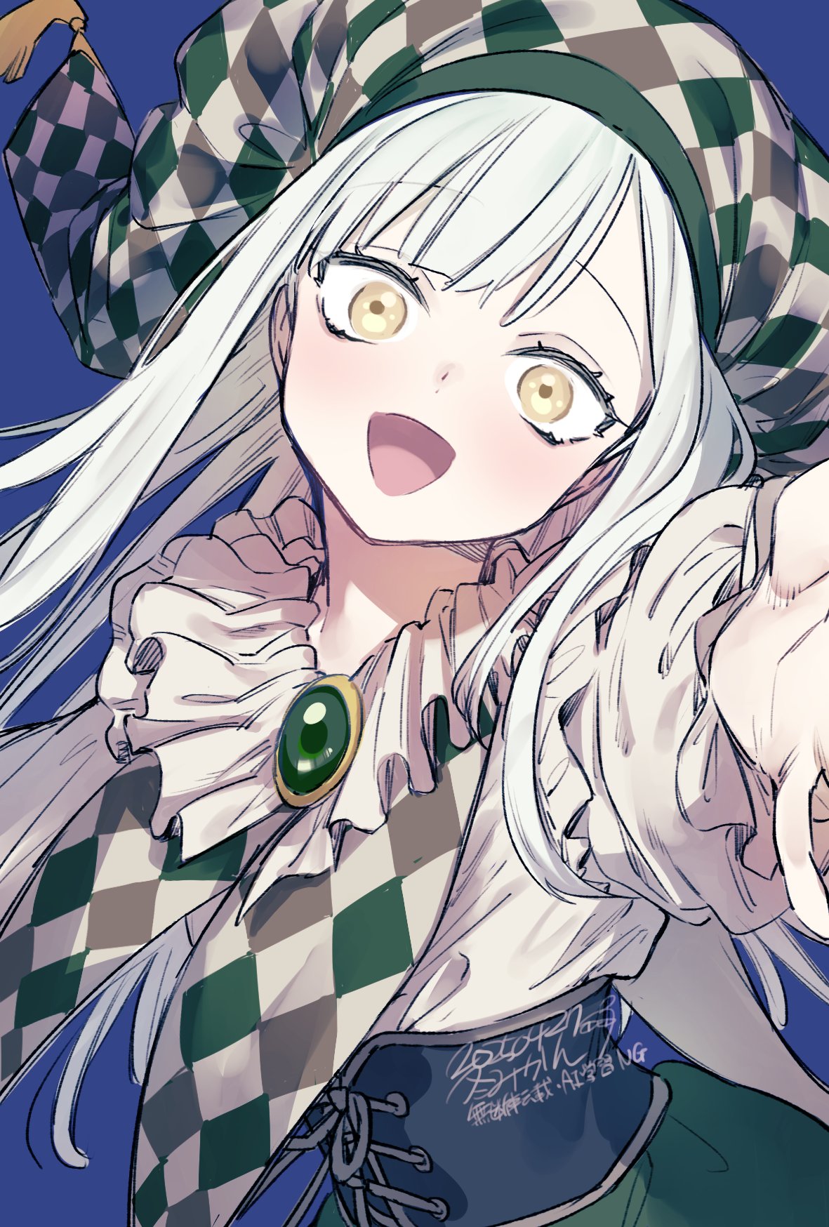 1girl, :d, bang_dream!, bang_dream!_it's_mygo!!!!!, blue_background, blue_corset, brown_hat, checkered_hat