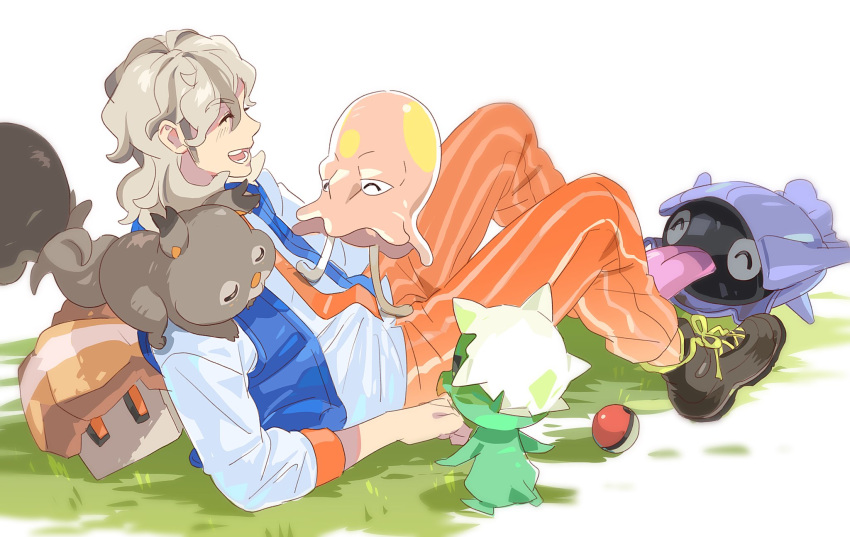 1boy, :d, arven_(pokemon), blue_vest, boots, brown_hair, capsakid, closed_eyes