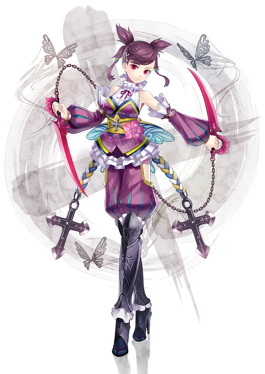 boots, braid, butterfly, chain, chains, christian_girl, cross, crossed_legs_(standing), detached_sleeves, dual_wielding, hair_ornament, high_heels, highres, japanese_clothes, k+, lolita_fashion, obi, original, pink_eyes, purple_hair, quad_tails, red_eyes, shoes, solo, wa_lolita, weapon