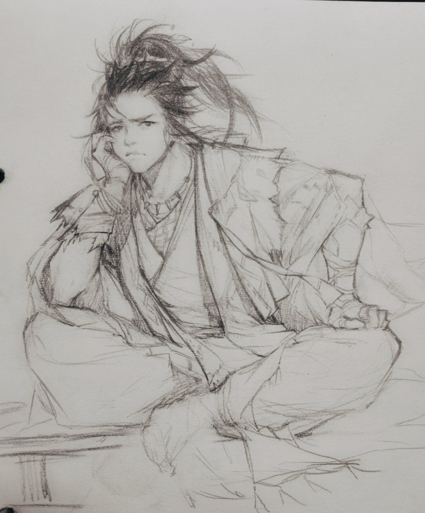 1boy, bracelet, chinese_clothes, chinese_commentary, fingerless_gloves, frown, full_body, furrowed_brow