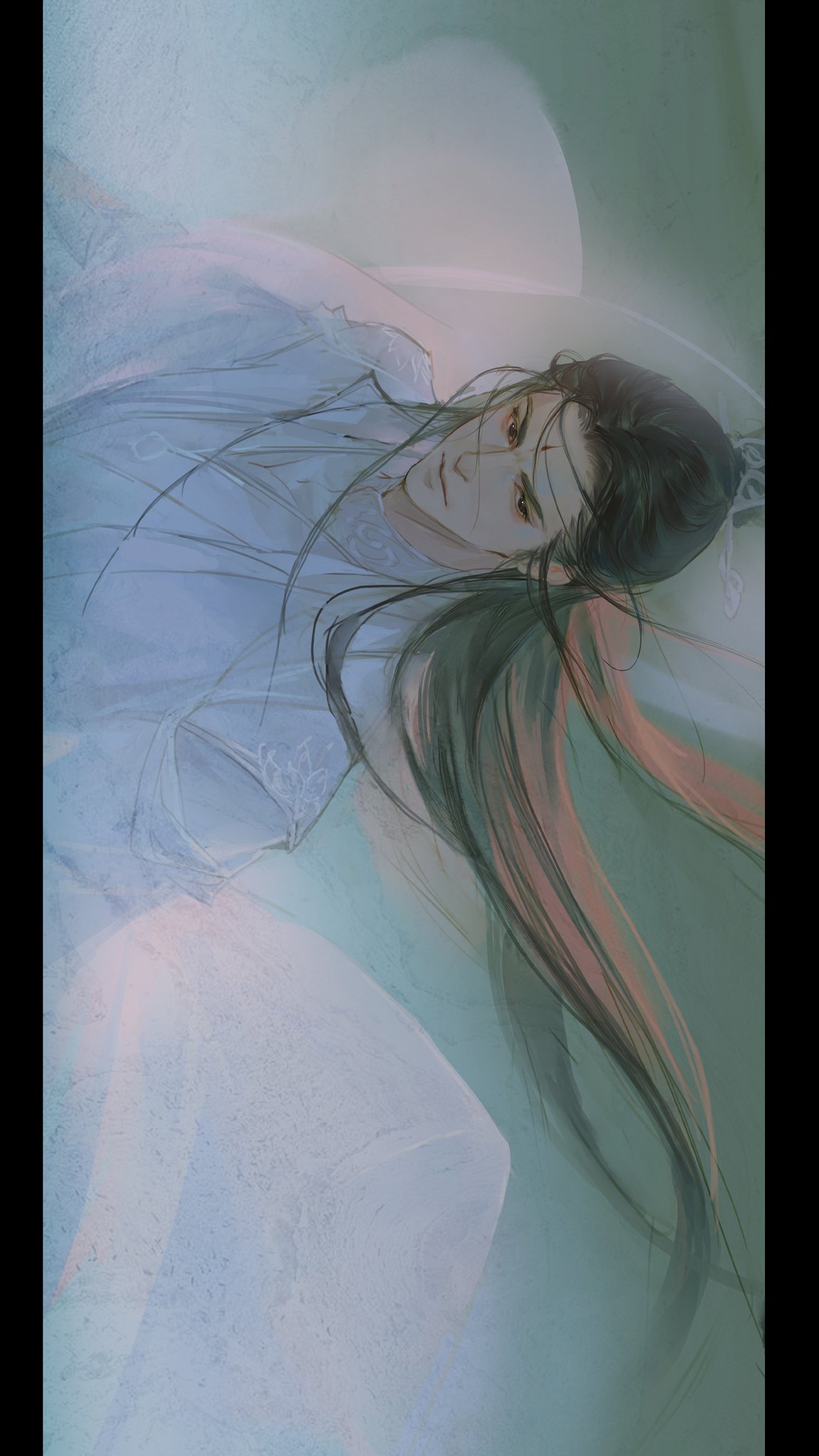 1boy, brown_hair, chinese_clothes, chinese_commentary, closed_mouth, facial_mark, forehead_mark, hanfu