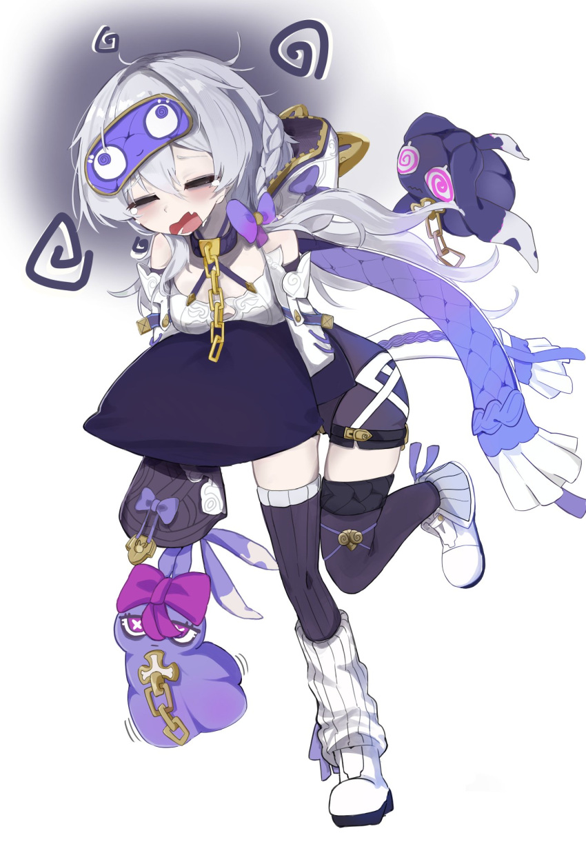 1girl, bags_under_eyes, bow, chain, commentary_request, crying, fang, full_body, gloom_(expression), grey_hair, highres, holding, holding_pillow, holding_stuffed_toy, honkai_(series), honkai_impact_3rd, hood, hood_down, hukube_kanchou, leg_up, long_hair, open_mouth, pillow, purple_bow, shoes, simple_background, skin_fang, sleeves_past_fingers, sleeves_past_wrists, solo, stuffed_toy, theresa_apocalypse, theresa_apocalypse_(schicksal's_imperative), white_background, white_shoes