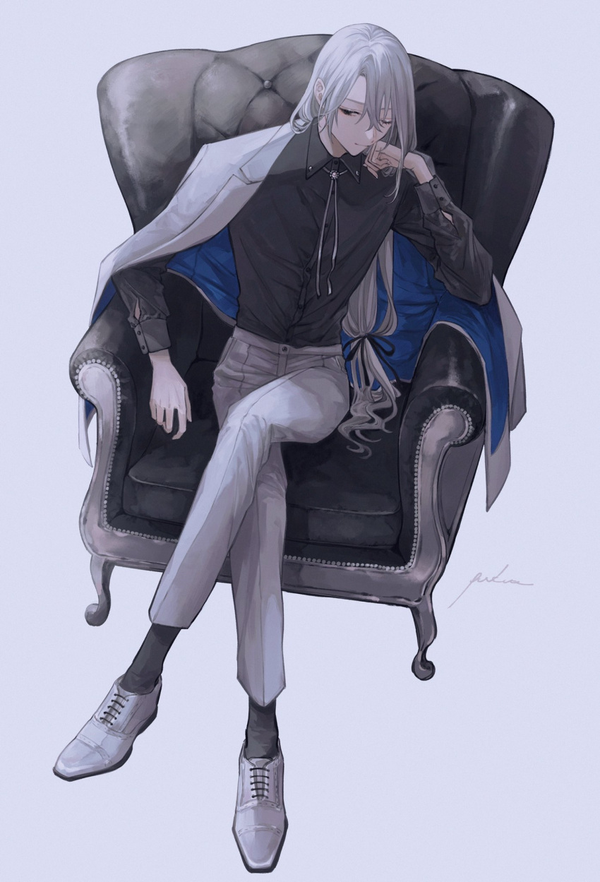 1boy, ;), armchair, artisul, black_eyes, black_ribbon, black_shirt, black_socks