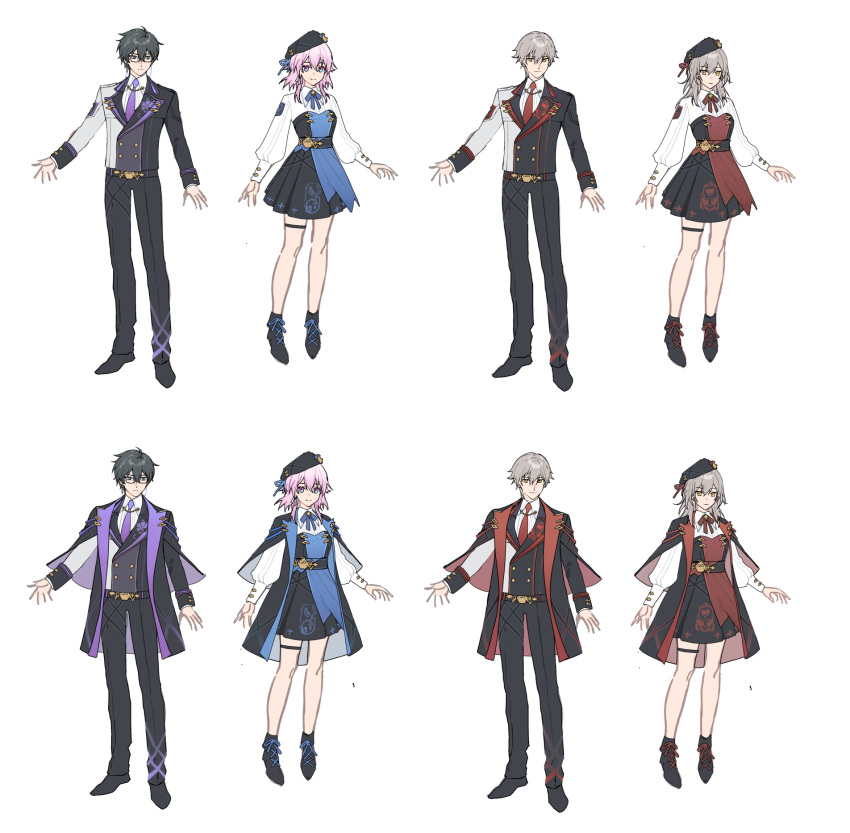 2boys, 2girls, alternate_costume, black_hair, black_hat, caelus_(honkai:_star_rail), chinese_commentary, clothes_on_and_off