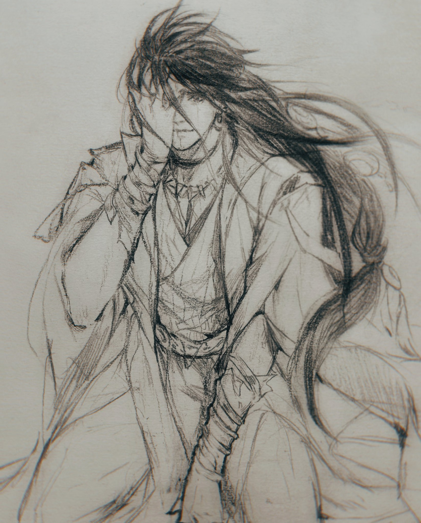 1boy, bandaged_arm, bandages, chinese_clothes, chinese_commentary, covering_one_eye, crying, crying_with_eyes_open