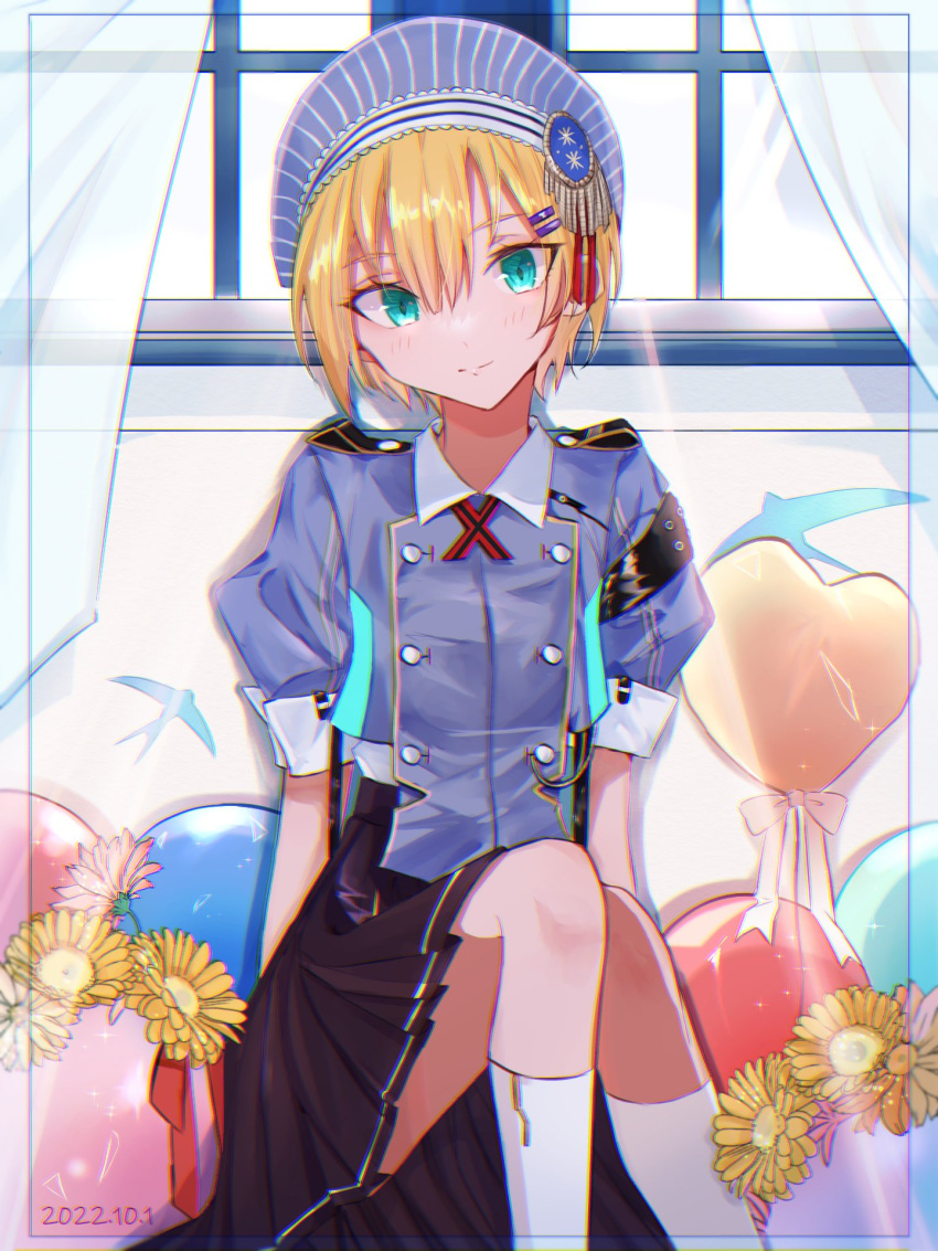 balloon, blonde_hair, green_eyes, happy_birthday, hat, heaven_burns_red, highres, hiramatu_31, indoors, maruyama_kanata, puffy_short_sleeves, puffy_sleeves, shirt, short_hair, short_sleeves, skirt, socks, white_shirt, white_socks