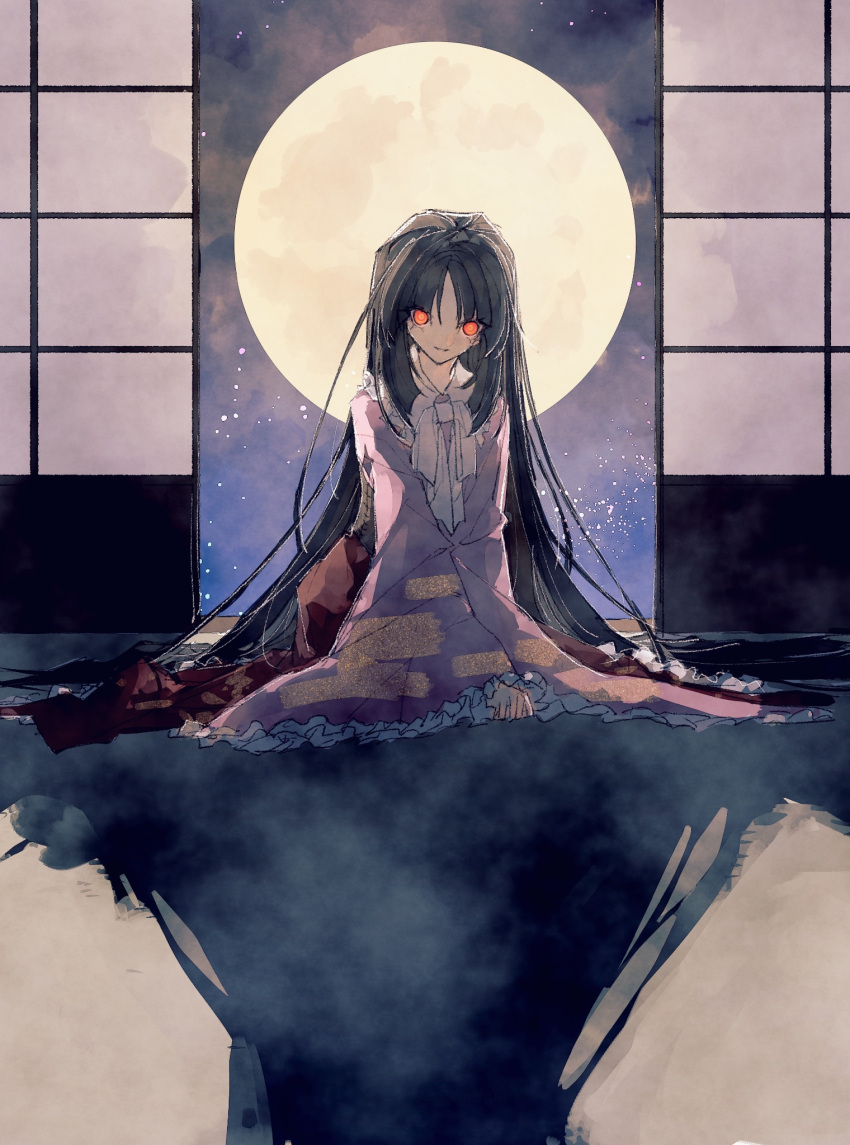 1girl, black_hair, blunt_bangs, bow, bowtie, clenched_hand, closed_mouth, collared_shirt
