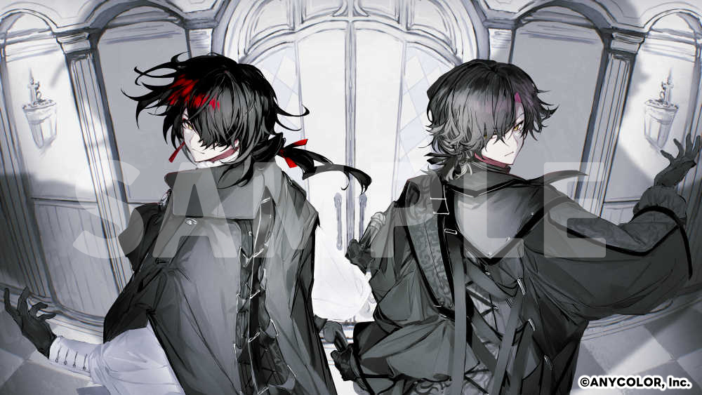 2boys, :/, arch, back-to-back, black_cloak, black_gloves, black_hair, black_jacket
