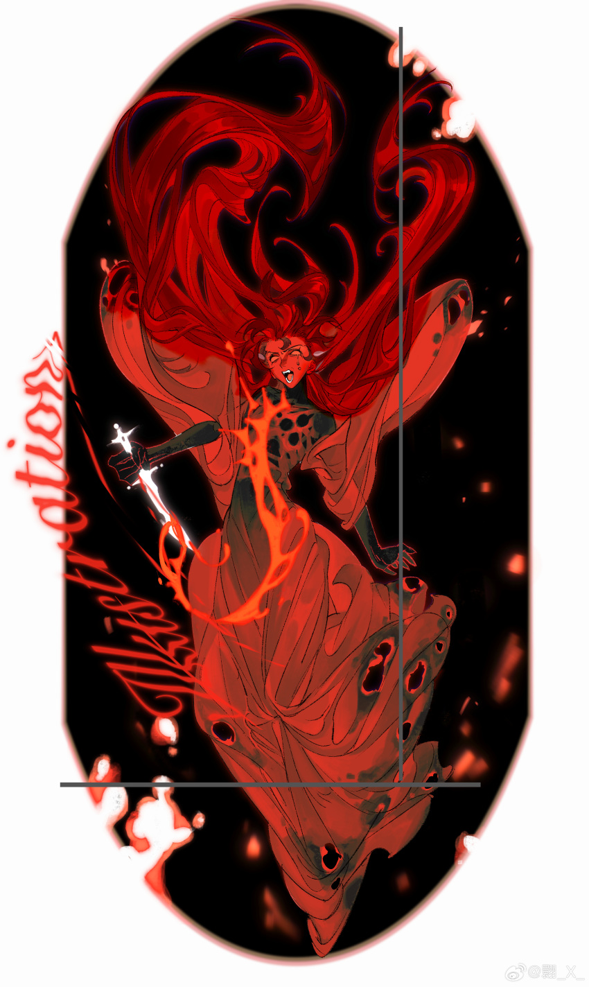 absurdres, colored_skin, dress, highres, holding, holding_sword, holding_weapon, long_hair
