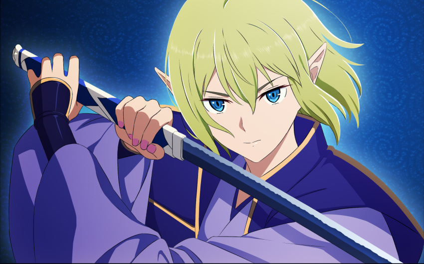 1girl, blue_eyes, buruma, dungeon_ni_deai_wo_motomeru_no_wa_machigatteiru_darou_ka, elf, fate/stay_night, fate_(series), green_buruma, green_hair, highres, holding, holding_sword, holding_weapon, jacket, katana, planted, planted_sword, pointy_ears, purple_jacket, rayish, ryu_lion, sasaki_kojirou_(fate), sword, weapon