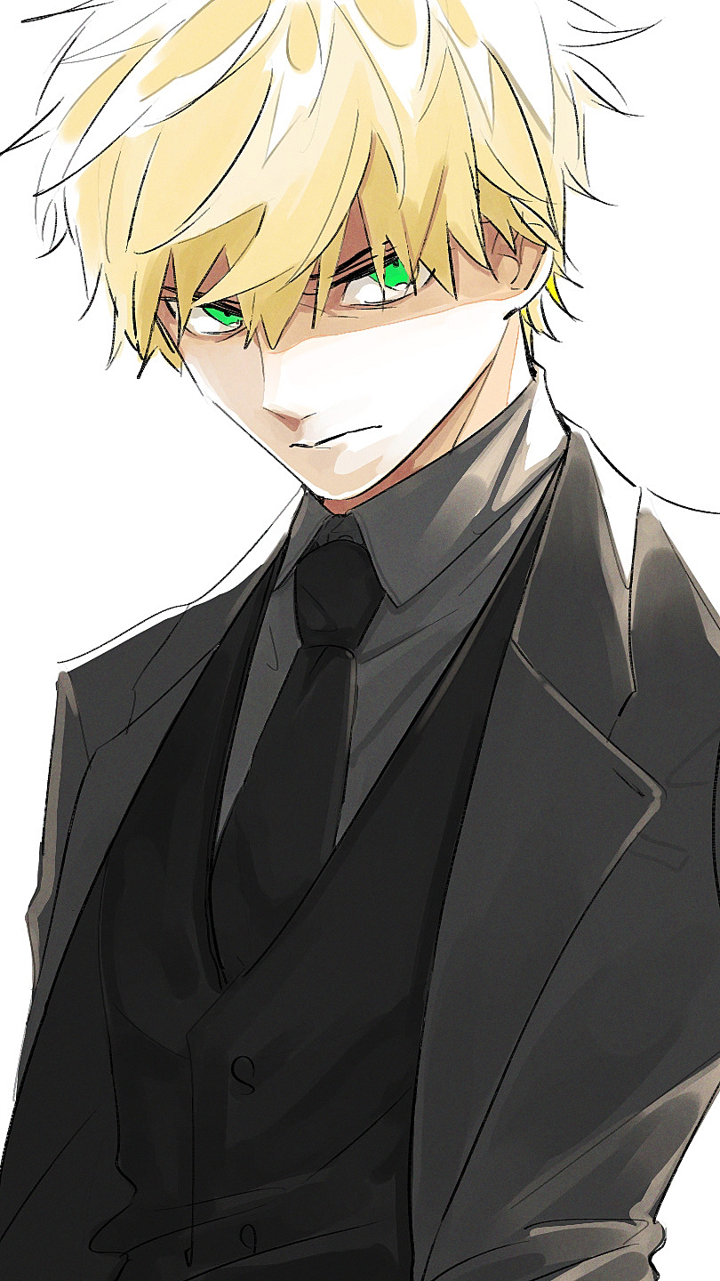 1boy, arthur_pendragon_(fate), black_necktie, black_vest, blonde_hair, commentary, fate/prototype, fate_(series), green_eyes, grey_jacket, grey_shirt, highres, jacket, male_focus, necktie, sekaihan_(jpyee48), serious, shaded_face, shirt, solo, upper_body, vest