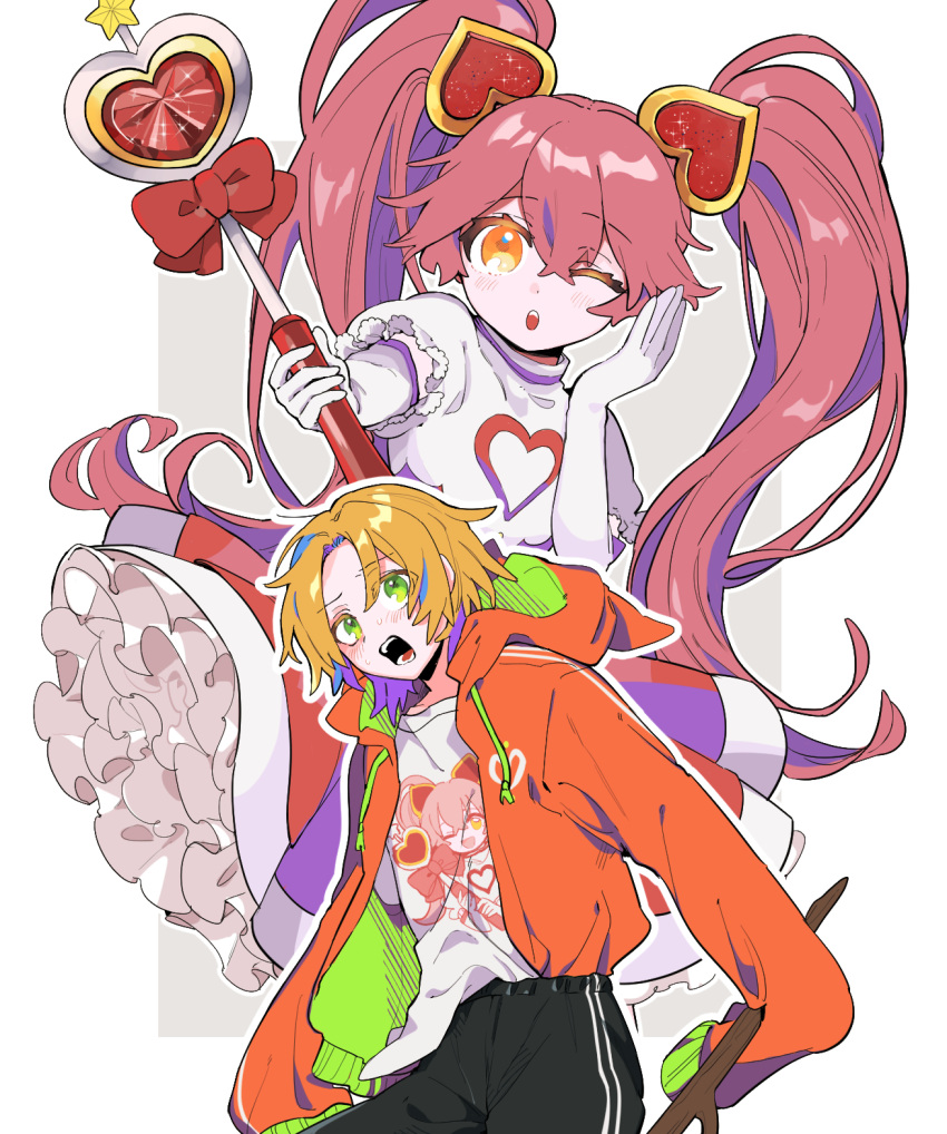 #compass, 1boy, 1girl, ;o, atama_ga_pa, black_mouth, black_pants, border