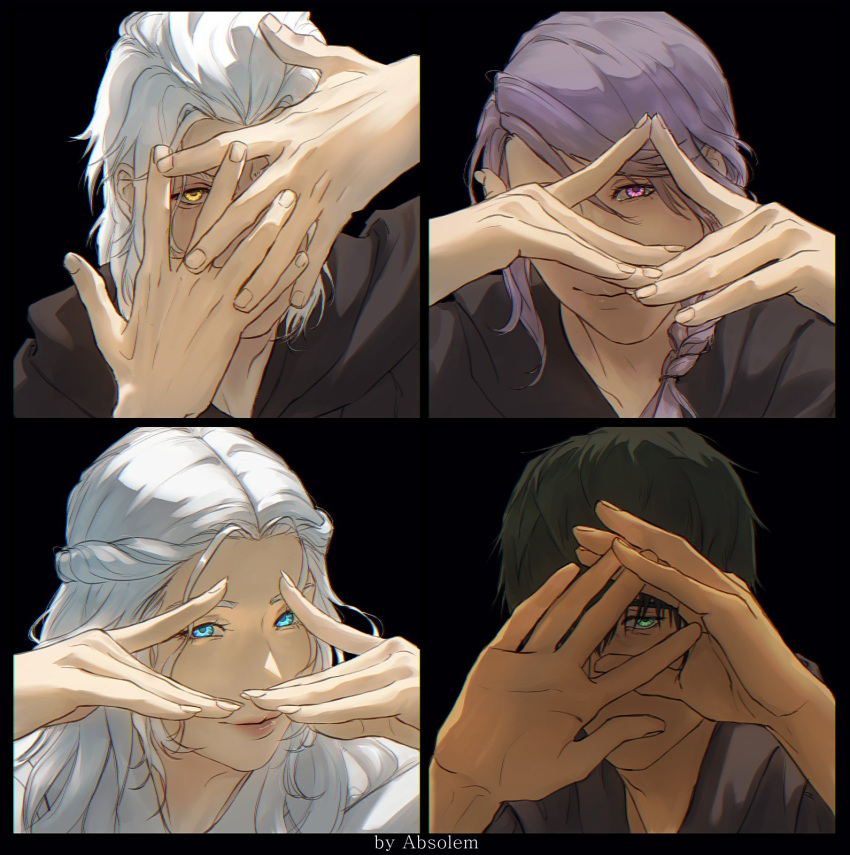 1girl, 3boys, absolem0, artist_name, black_background, black_border, black_hair, blue_eyes