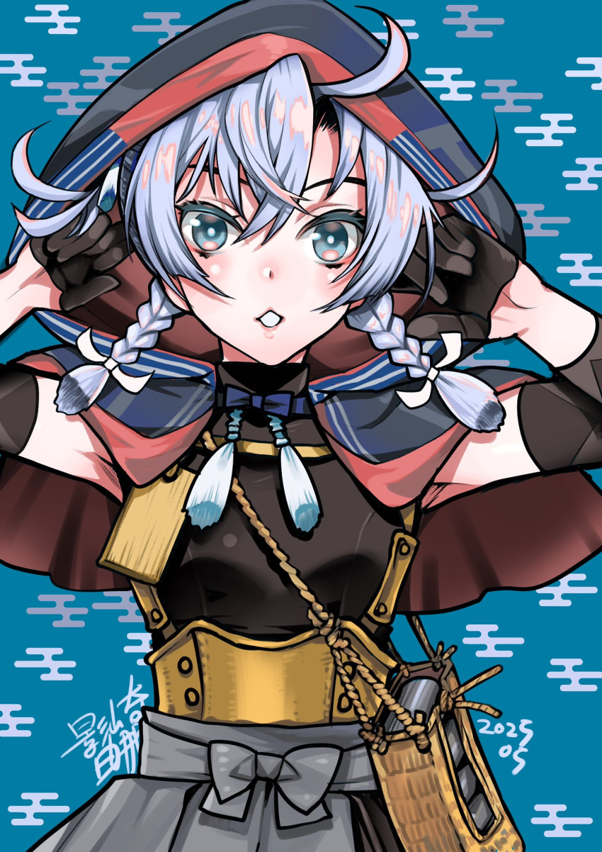 1girl, black_gloves, blue_background, blue_eyes, blue_hair, braid, capelet, commentary_request