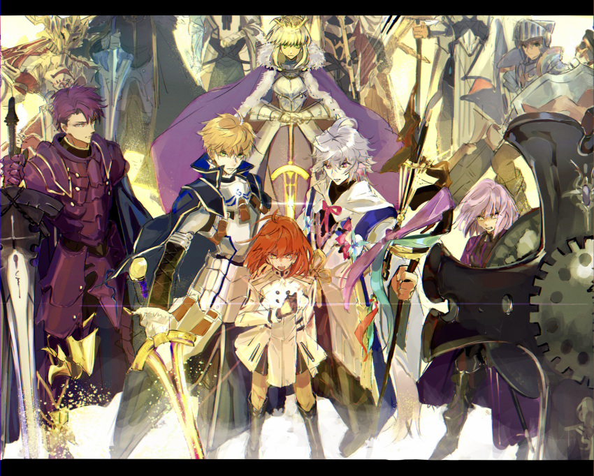 5girls, 6+boys, absurdres, agravain_(fate), armor, armored_boots, arthur_pendragon_(fate), artoria_pendragon_(fate), bedivere_(fate), black_cape, blonde_hair, blue_dress, boots, brown_hair, cape, clenched_teeth, commentary_request, crown, dress, excalibur_(fate/prototype), excalibur_(fate/stay_night), fate/grand_order, fate_(series), fujimaru_ritsuka_(female), fujimaru_ritsuka_(female)_(decisive_battle_chaldea_uniform), full_armor, fur-trimmed_cape, fur_trim, gareth_(fate), gareth_(second_ascension)_(fate), green_eyes, grey_hair, helmet, highres, holding, holding_shield, holding_sword, holding_weapon, knights_of_the_round_table_(fate), lancelot_(fate/grand_order), lens_flare, letterboxed, mash_kyrielight, merlin_(fate), mordred_(fate), mordred_(fate/apocrypha), multiple_boys, multiple_girls, orange_hair, percival_(fate), pink_eyes, pink_hair, prosthesis, prosthetic_arm, purple_armor, purple_hair, robe, saber_(fate), sekaihan_(jpyee48), shield, short_dress, sword, teeth, tristan_(fate), weapon, white_cape, white_dress, white_robe, yellow_eyes