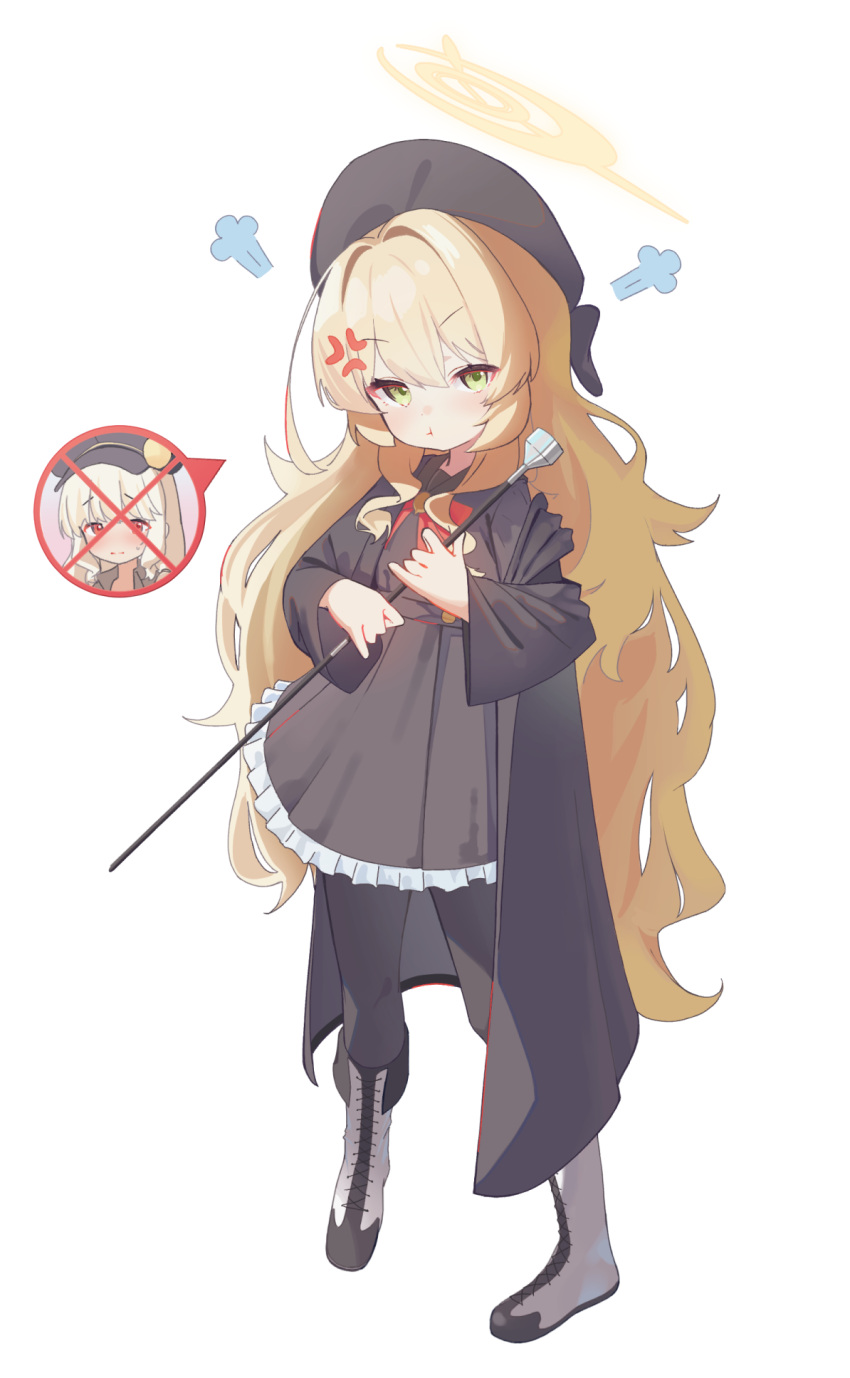 2girls, anger_vein, aoba_(blue_archive), black_dress, black_hat, black_jacket, blonde_hair, blue_archive