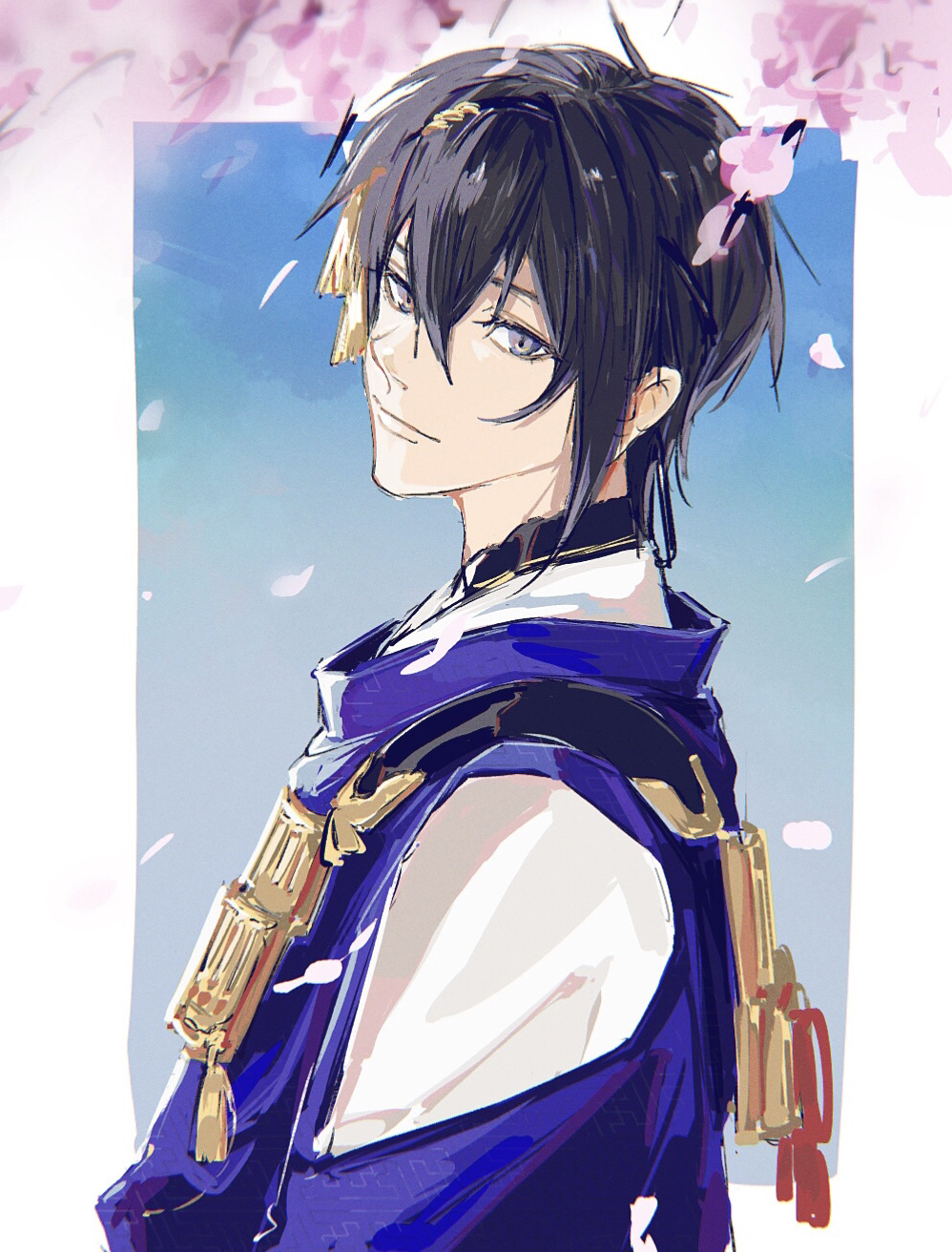 1boy, black_hair, blue_eyes, cherry_blossoms, commentary_request, falling_petals, from_side, highres, japanese_clothes, looking_at_viewer, mikazuki_munechika, multiple_girls, petals, sekaihan_(jpyee48), solo, touken_ranbu, upper_body