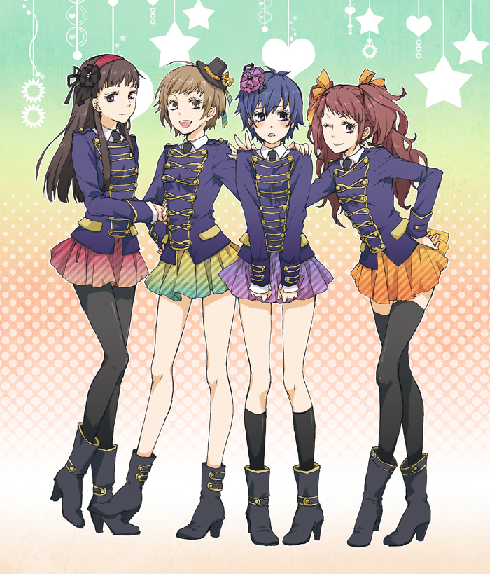amagi_yukiko, arm_grab, black_eyes, black_hair, black_legwear, black_pantyhose, black_thighhighs, blue_eyes, blue_hair, blush, boots, brown_eyes, brown_hair, embarrassed, female, flower, footwear, full_body, hair_flower, hair_ornament, hairband, hand_on_hip, hand_on_shoulder, hands_on_shoulders, happy, hips, holding, hug, kujikawa_rise, leaning, marching_band, mini_hat, multiple_girls, one_eye_closed, open_mouth, pantyhose, persona, persona_4, red_hair, satonaka_chie, shirogane_naoto, shy, skirt, smile, socks, thigh-highs, thighhighs, tiny_hat, twintails, umechiui, uniform, wink, yuri