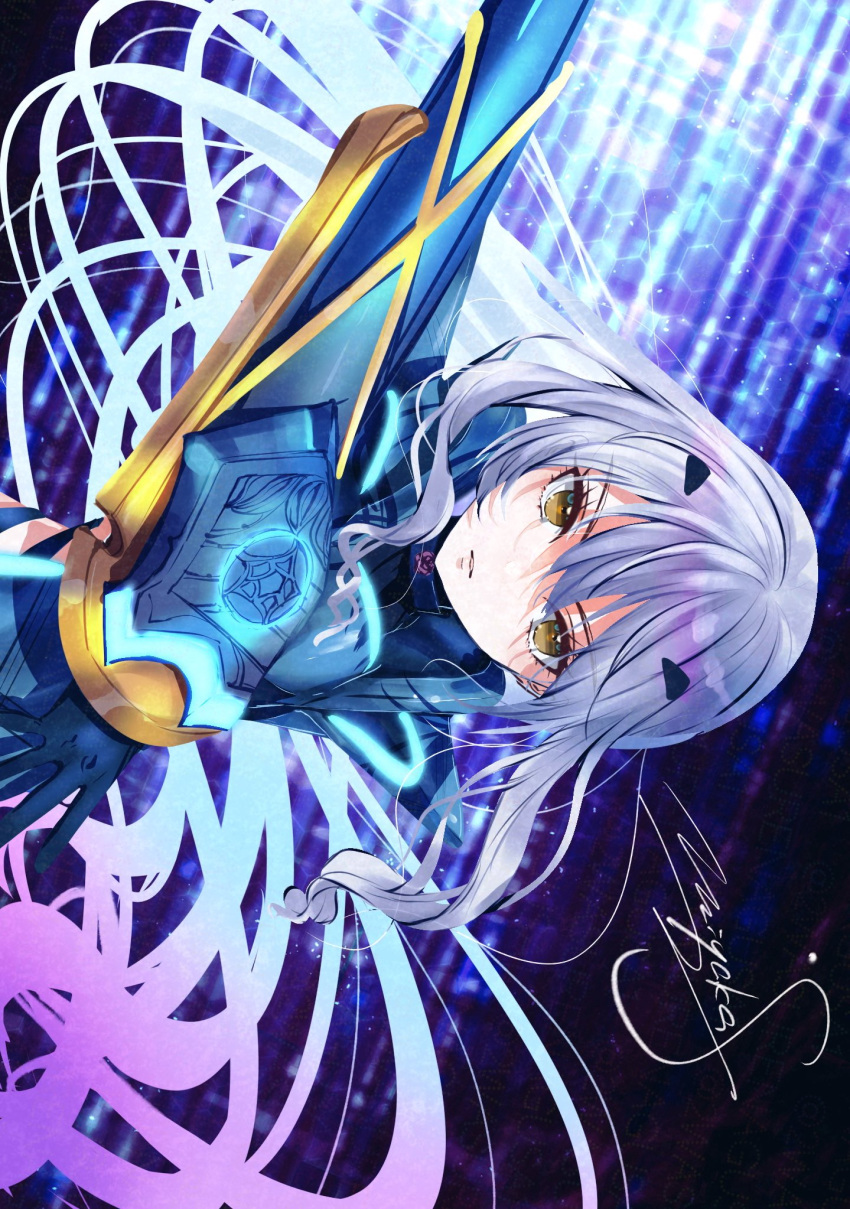 1girl, armor, armored_dress, blue_armor, breastplate, breasts, dress, fairy_sword_arondight