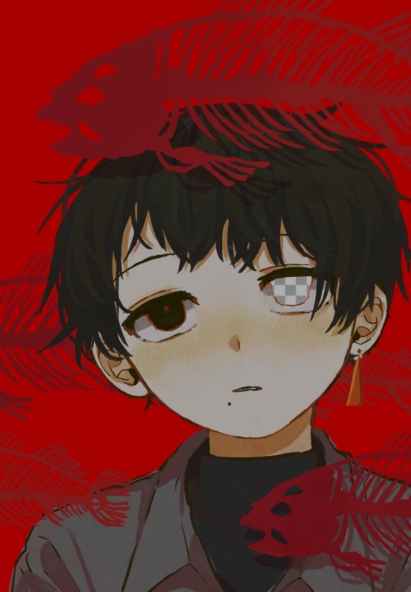 1boy, 4rane_tu, black_eyes, black_hair, black_sweater, checkered_eyes, collared_shirt, earrings