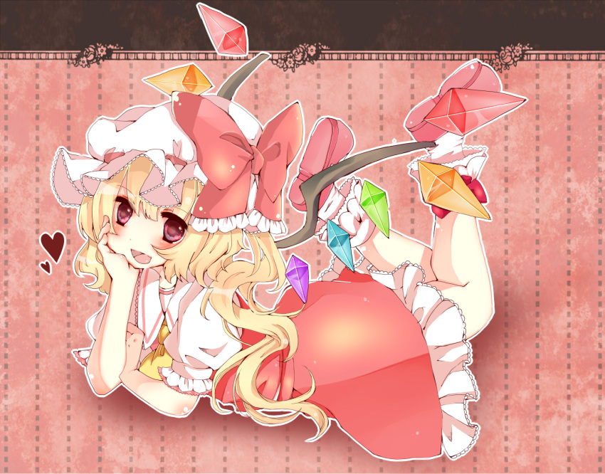 :d, arm_support, ascot, blonde_hair, blush, chin_rest, crystal, flandre_scarlet