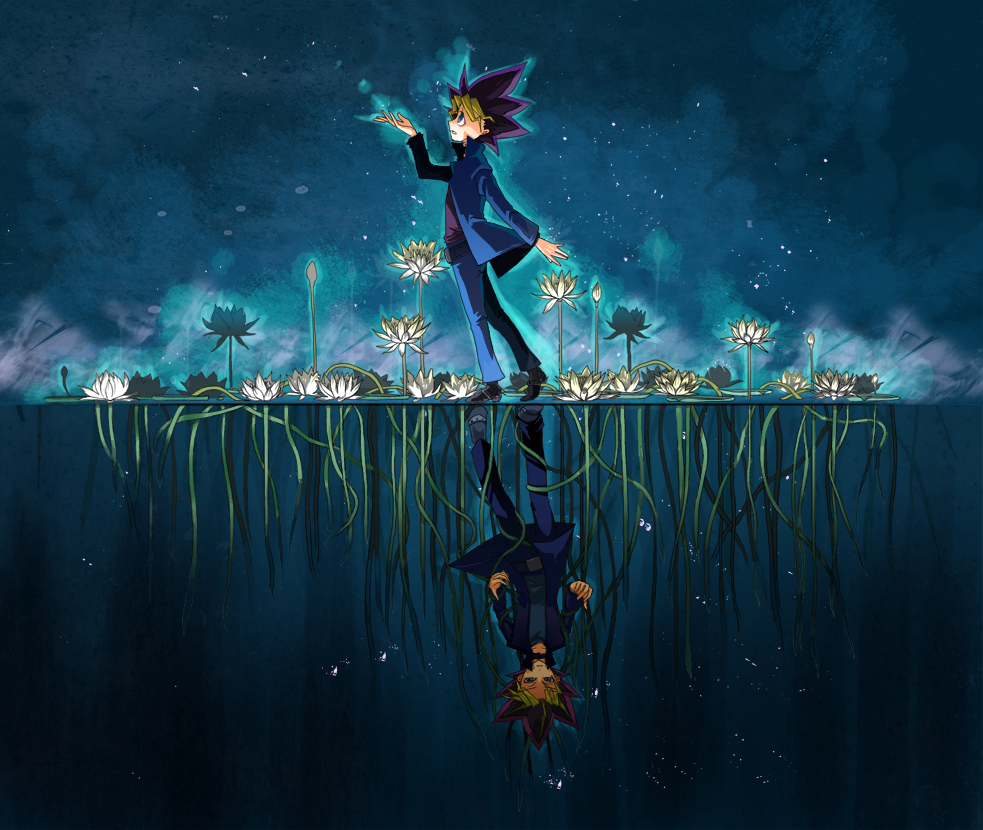 baby_white, different_reflection, dual_persona, flower, lotus, male, multicolored_hair, multiple_boys, mutou_yuugi, reflection, spiked_hair, spiky_hair, water, yami_yuugi, yu-gi-oh!, yuu-gi-ou, yuu-gi-ou_duel_monsters