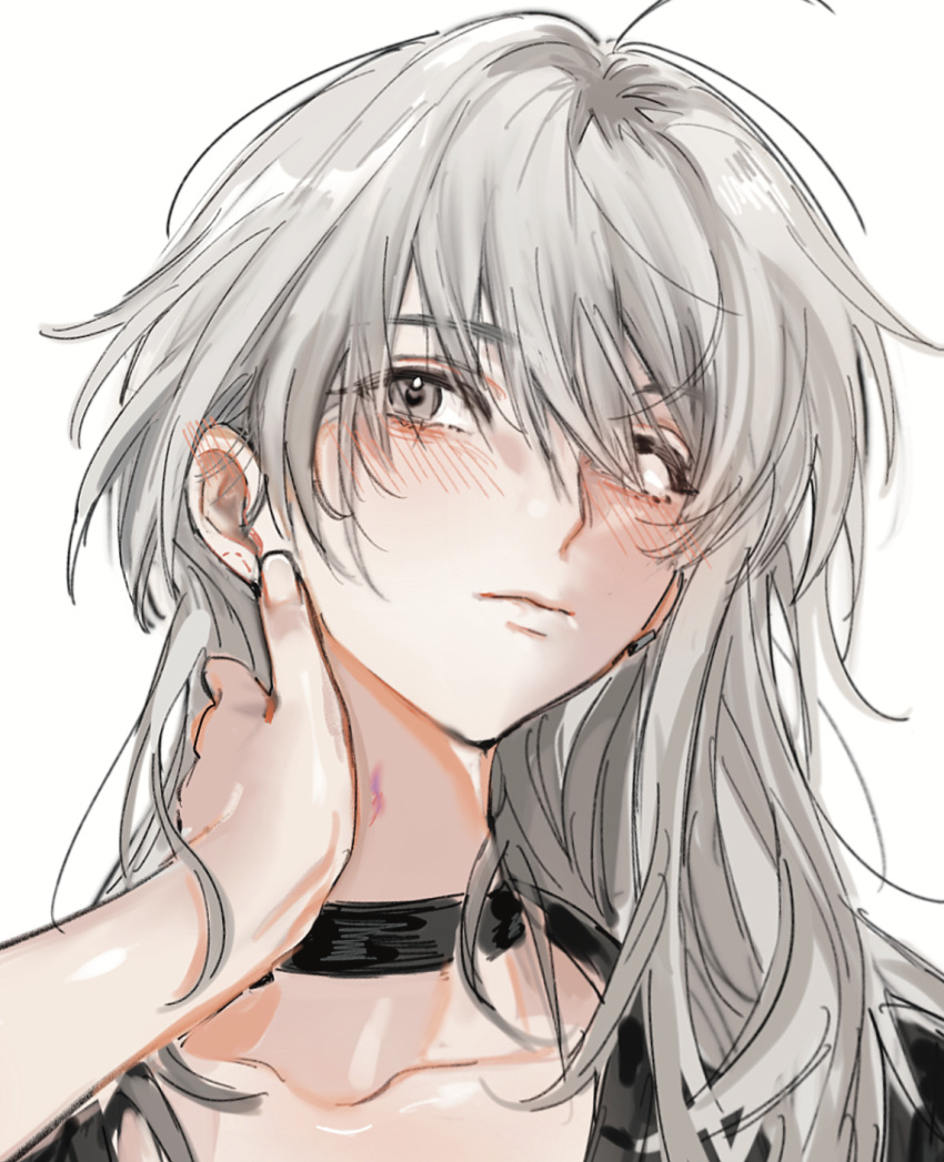 2girls, bite_mark_on_ear, black_choker, black_sweater, blush, choker, closed_mouth, collarbone