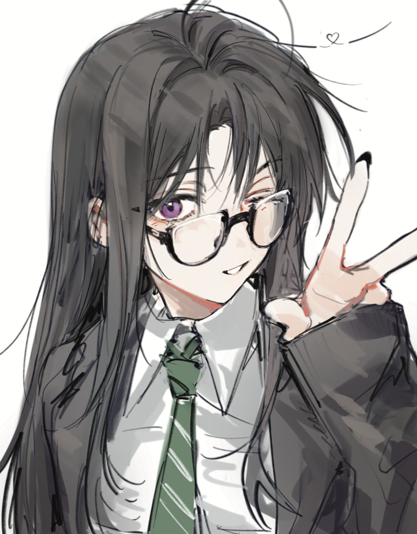 1girl, ahoge, awa_subaru, bespectacled, black-framed_eyewear, black_hair, black_jacket, collared_shirt, commentary, girls_band_cry, glasses, highres, jacket, long_hair, long_sleeves, looking_at_viewer, one_eye_closed, open_clothes, open_jacket, parted_bangs, semi-circular_eyewear, semi-rimless_eyewear, shirt, sidelocks, simple_background, siy_(shengxiu760722), sleeves_past_wrists, solo, under-rim_eyewear, upper_body, violet_eyes, white_background, white_shirt