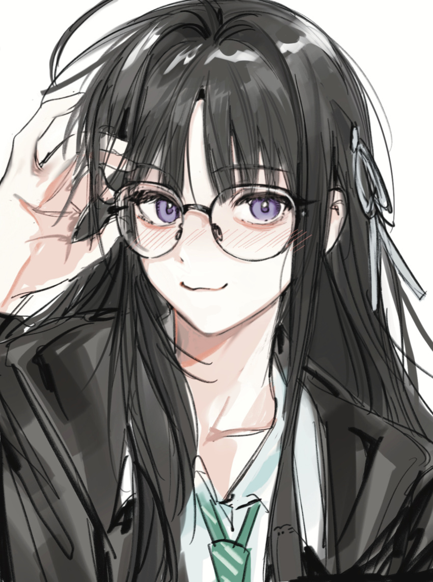 1girl, :3, adjusting_eyewear, ahoge, awa_subaru, bespectacled, black-framed_eyewear, black_hair