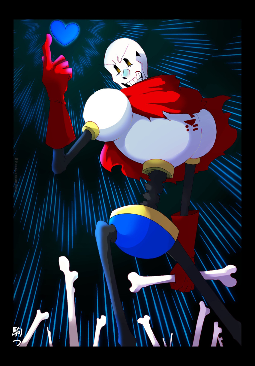 1boy, 2023, 2d, armor, blue_shorts, bone, cape, cowboy_shot, digital_media, gloves, heart, highres, holding, holding_bone, humanoid, komatsu0416, male, male_focus, male_only, monster, monster_boy, papyrus_(undertale), red_cape, red_gloves, red_scarf, scarf, shorts, skeleton, solo, teeth, undead, undertale, white_armor