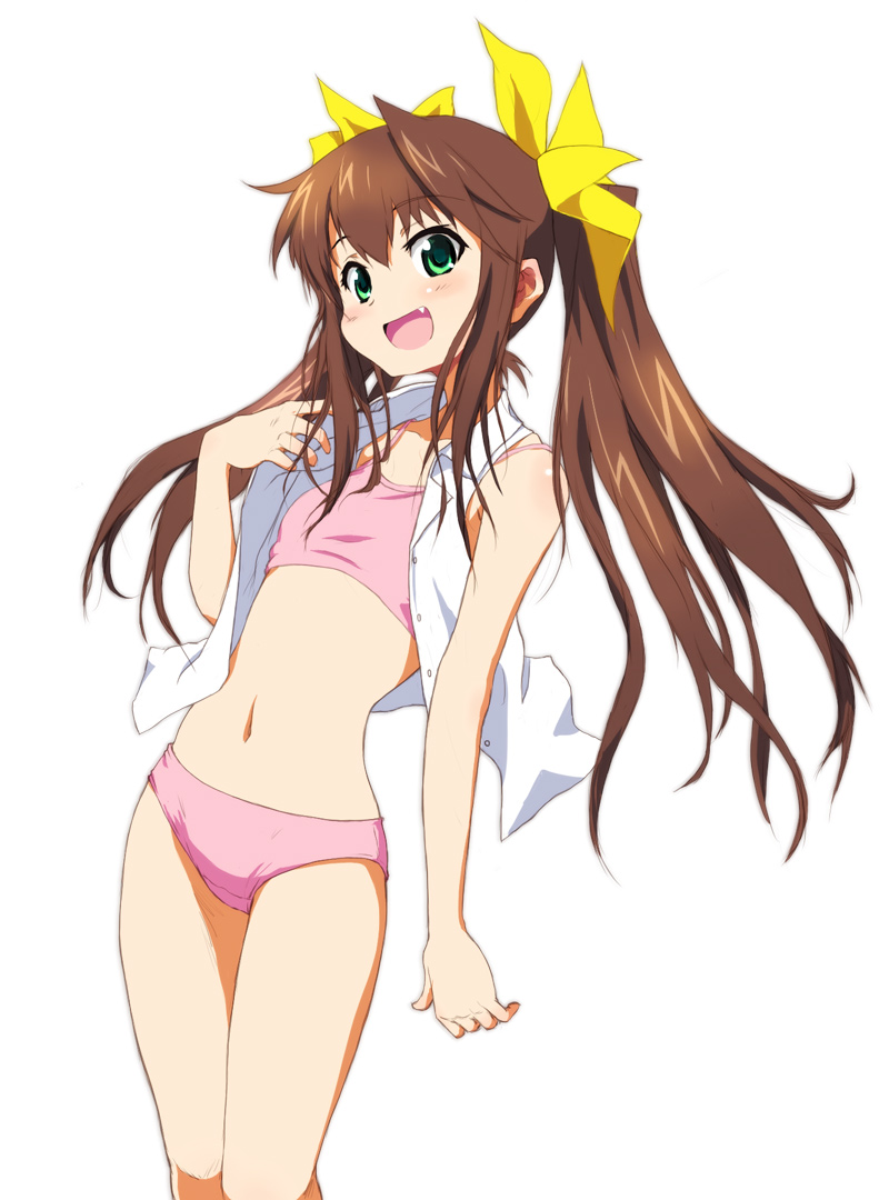 bare_legs, bare_shoulders, bra, brown_hair, fang, flat_chest, green_eyes, hair_ribbon