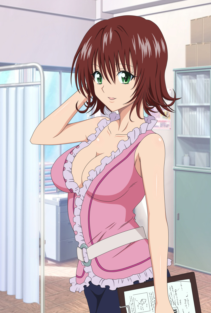 belt, blouse, breasts, brown_hair, cleavage, clipboard, frills, green_eyes