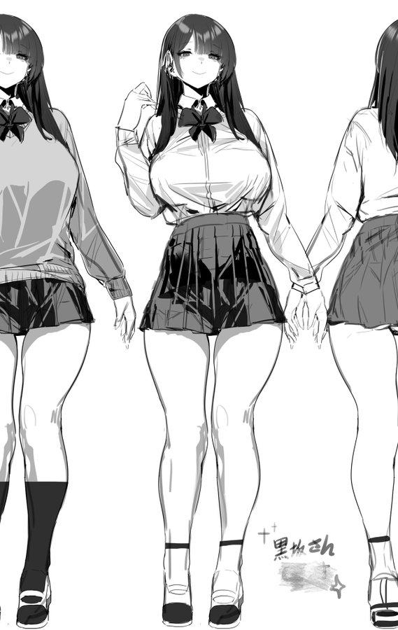 1girl, alternate_costume, blush, bow, bowtie, breasts, full_body, greyscale, jewelry, large_breasts, long_hair, long_sleeves, monochrome, multiple_views, original, pleated_skirt, school_uniform, shirt_tucked_in, shoes, sketch, skirt, smile, socks, solo_focus, standing, thighs, underwear, variations, xiaoluo_xl