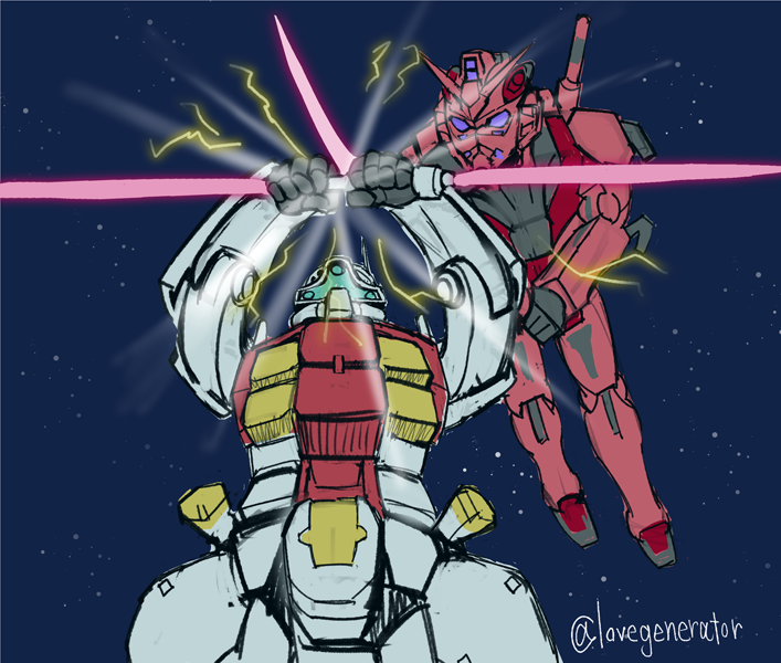 artist_name, assault_visor, commentary, double_blade, energy_sword, fighting, gelgoog_(gquuuuuux), glowing