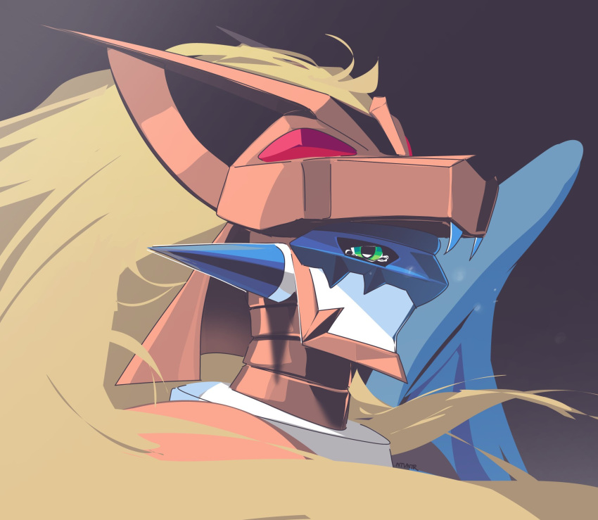 blonde_hair, brown_helmet, close-up, digimon, digimon_(creature), duftmon, green_eyes, helmet