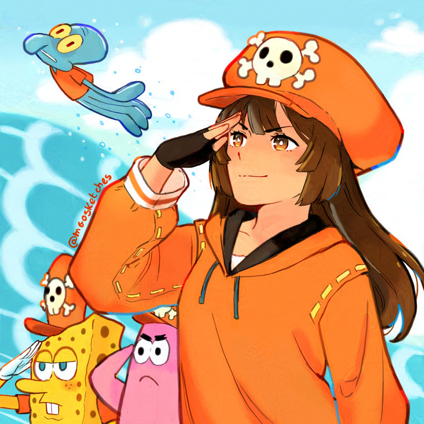 1girl, 3boys, absurdres, black_gloves, brown_eyes, brown_hair, cosplay, crossover